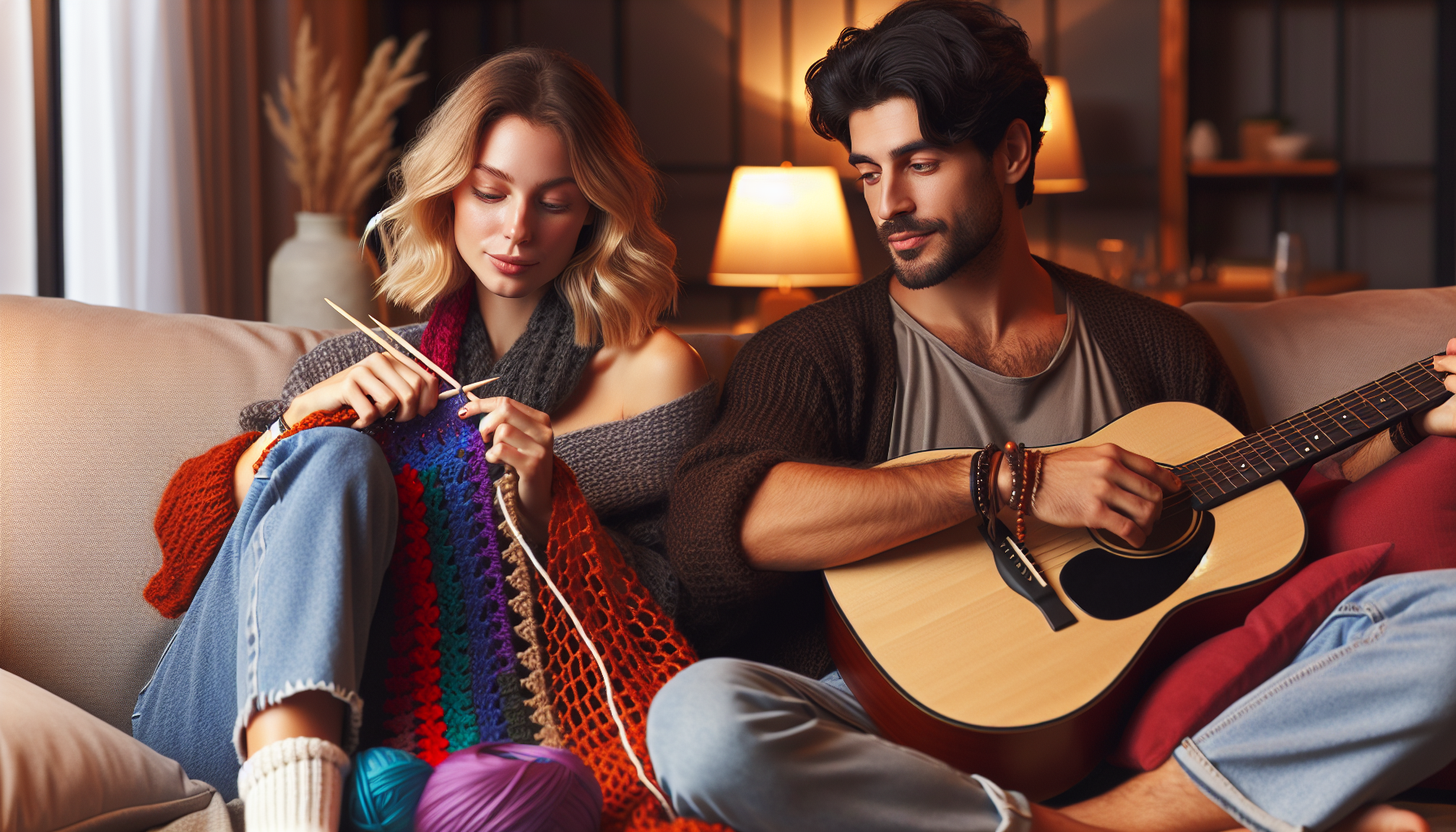 a couple sitting together doing their own activities hobbies yet connected to each other emotionally