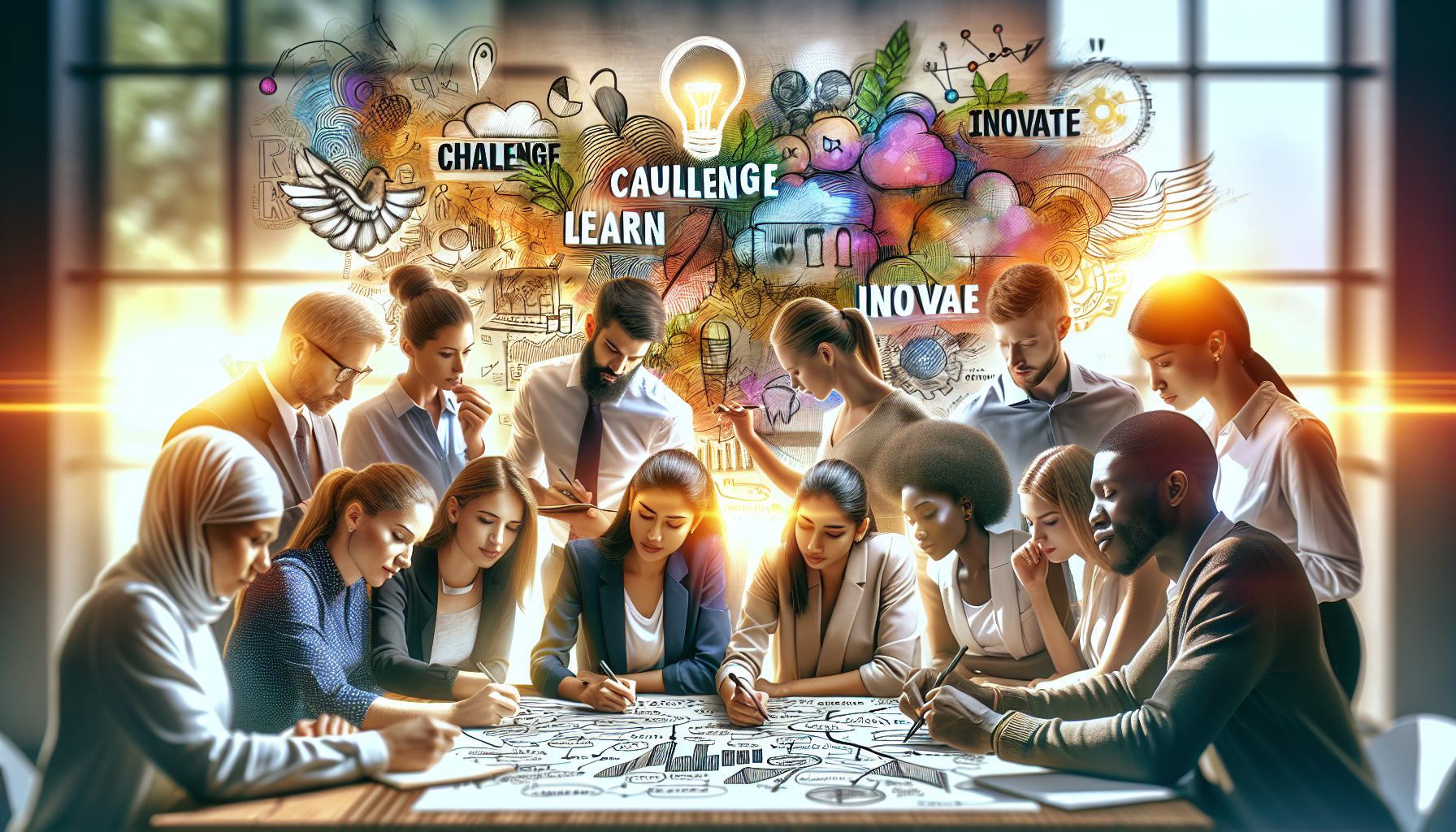 A diverse group of young professionals brainstorming with a mind map, highlighting a growth mindset in a bright room.
