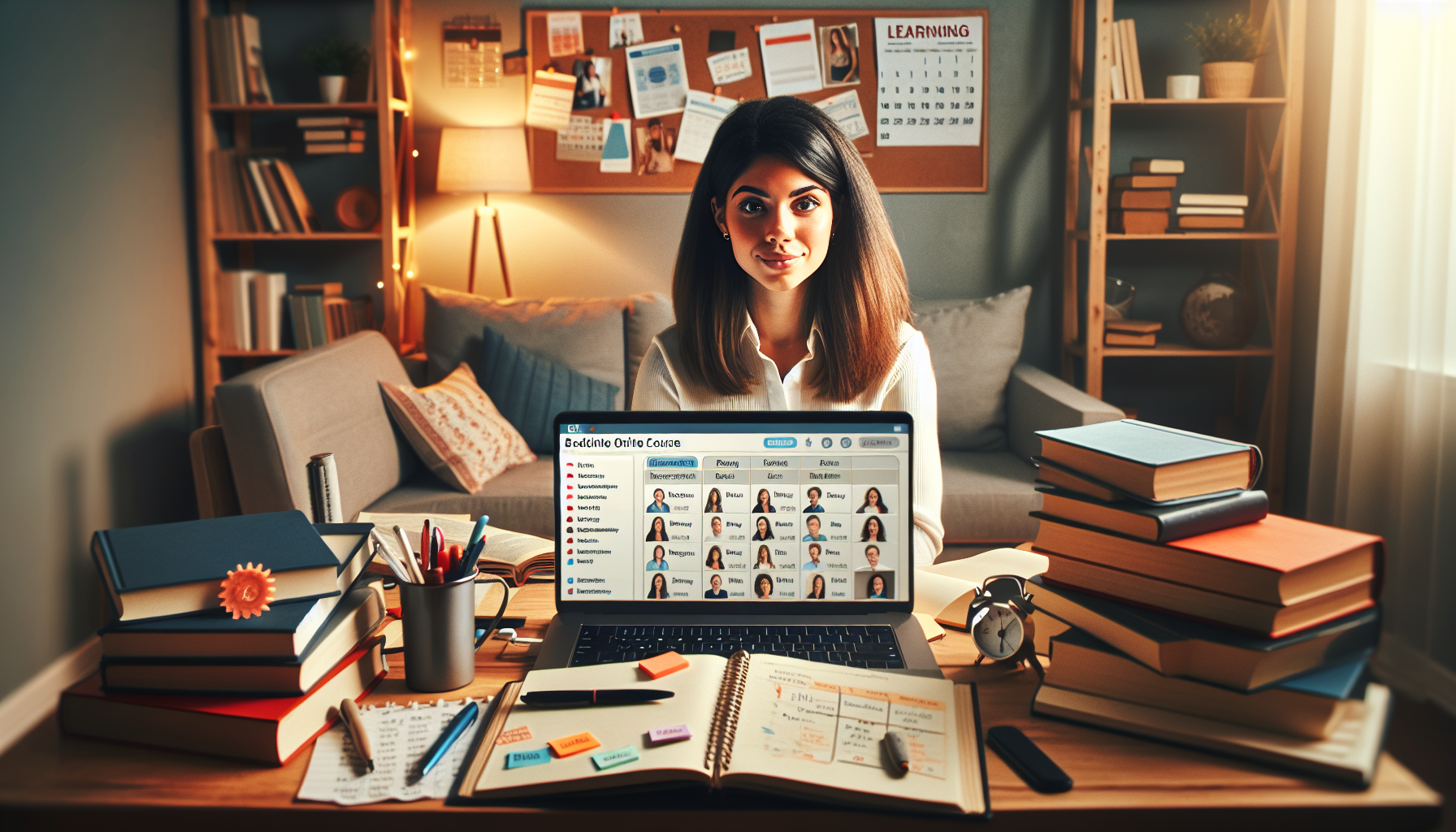 A young professional participating in an online course with resources for skill enhancement, set in an organized and warm-lit home office.